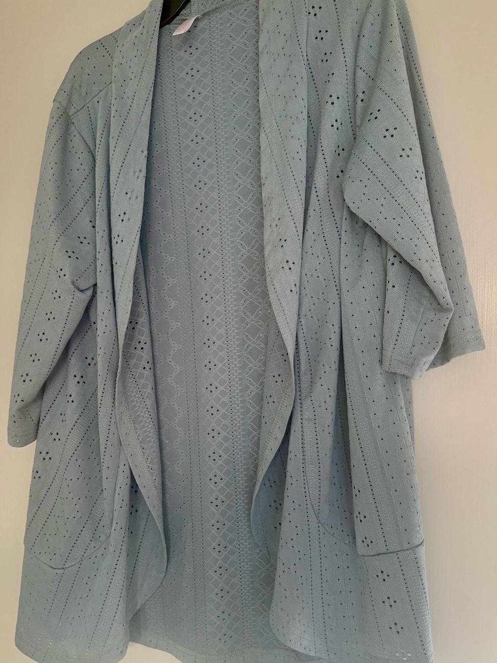 Light Blue Open-Front Eyelet Knit Cardigan